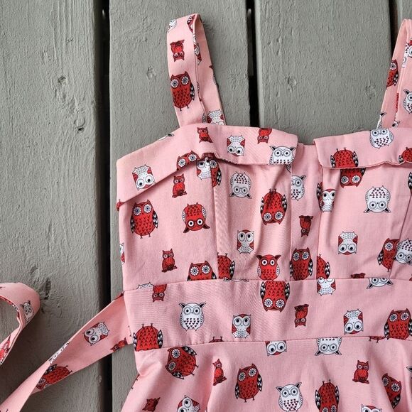 IXIA‎ Pink Red Owl Print Sweetheart Neck Tie Waist Fit & Flare Pin Up Dre… - Picture 2 of 8
